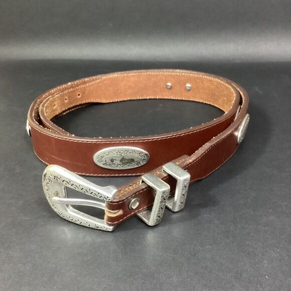 Brighton Accessories - Vtg Brighton Brown Leather Belt 40" Etched Silver Tone Buckle Medallions 39107